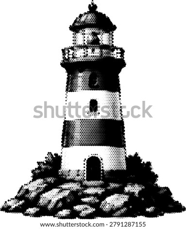 Halftone vector dotted retro lighthouse on rocks transparent grunge design