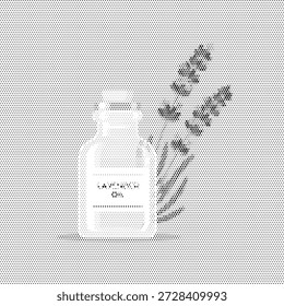 Halbtonvektor einer ätherischen Ölflasche mit Lavendel, ideal für Aromatherapie-Branding, organische Hautpflege und natürliche Heilung. Perfekt für Spa-Produktlabels, ganzheitliche Wellness-Zentren und Selbstversorger-Inhalte.