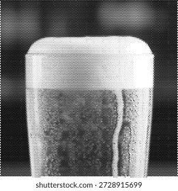 Halftone vector of a glass filled with a cold drink, representing summer refreshment, bar beverage menus, and social dining themes.