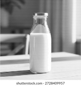 Halftone vector of a glass milk bottle, representing dairy products, healthy breakfast, calcium-rich nutrition, and farm-fresh drinks. Ideal for dairy brand packaging, school nutrition programs, and vintage farm graphics.