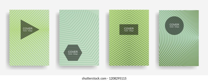 Halftone vector green report template with lines, triangle circle hexagon title places. Vector journal design geometric shape background set. Unique halftone lines hipster banners abstract collection.