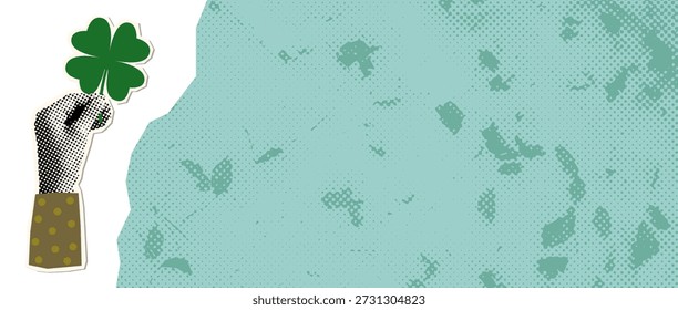 Mano de Vector de semitono que sostiene un trébol de cuatro hojas, símbolo de la buena suerte en el fondo texturizado para folletos y volantes