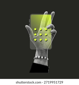 Halftone Vector Hand Touching Phone Mobile Digital Interface With Dotted Abstract Smartphone In Pop Art Style