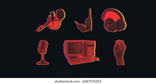 Ícones de vetor de meio-tom definem ferramentas e dispositivos de comunicação. Microfone, computador, mão e outros elementos em vermelho e preto.