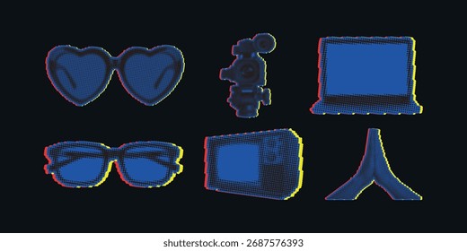 Los iconos vectoriales de semitono establecen gafas de sol, cámara, monitor y otros Elementos. Diseño de semitono azul sobre un fondo oscuro.