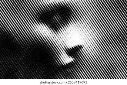 Halftone vector illustration with an abstract beautiful woman face silhouette illustration made from lines and dots. Minimalistic and fine art textured pattern.