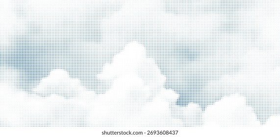 Halbtonvektorgrafik von Wolken auf hellblauem Himmelshintergrund. Das Design verfügt über sechseckige Halbtonmuster, die eine moderne und dynamische Textur erzeugen. Perfekt für Hintergründe,

