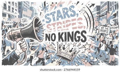 Halftone vector illustration of a crowd of protesters in a city street with an American flag, featuring a megaphone and bold text reading STARS, STRIPES, NO KINGS over a discarded crown. Retro stipple effect protest poster for American democracy featuring activists with placards, a hand holding a megaphone, and patriotic symbols advocating against monarchy and authoritarianism.