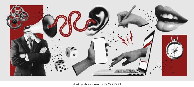 Halftone vector illustration of digital manipulation and disinformation concept. Abstract collage with propaganda, fake news, media influence, social media, technology, communication elements. Vector.