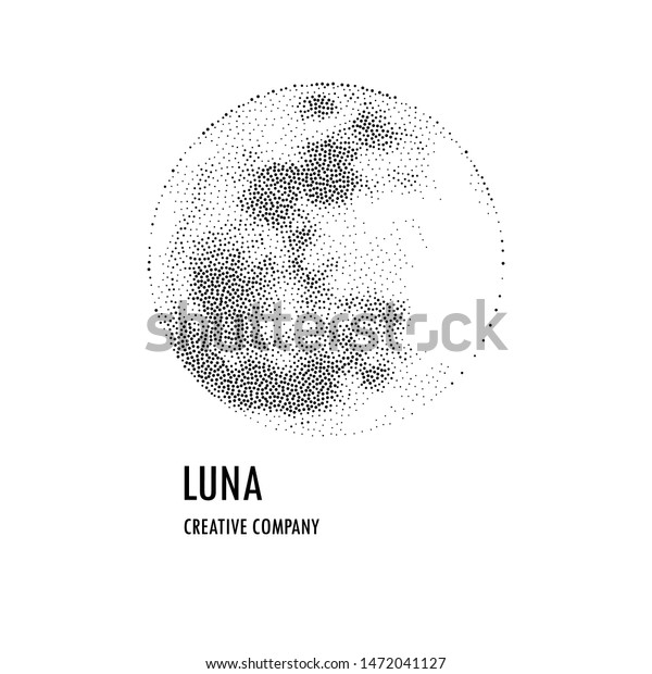 Halftone vector illustration of full moon.\
Minimalistic stipple silhouette on white background. Silver dotted\
satellite isolated on light backdrop. Easy to add and edit. For\
icon, logo, branding