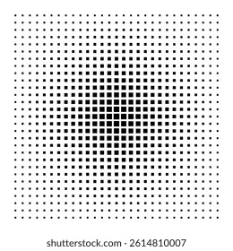 Halftone vector illustration with gradient square dot pattern creating optical depth effect, perfect for retro design, abstract backgrounds, print templates, and pop art projects