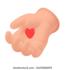 Halftone vector illustration of a hand holding a red heart. Retro pop art style, dotted pattern, warm skin tone. Isolated on white background, symbol of care, love, kindness and generosity.