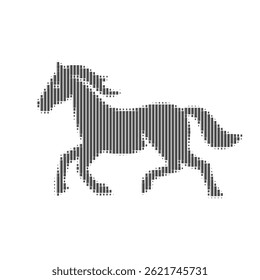 Halbtonvektorgrafik des Pferdekopfes im runden Rahmen. Schwarz gepunktete Muster schaffen stilisierte Pferd Silhouette. Retro-Druckstil einzeln auf weißem Hintergrund. Perfekt für Logo-Design