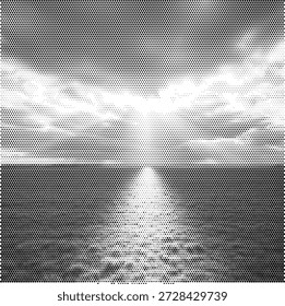 Ilustração de vetor de meio-tom de um sol sobre o horizonte do mar, ideal para cartazes de viagem, marca com tema de natureza, e projetos costeiros.