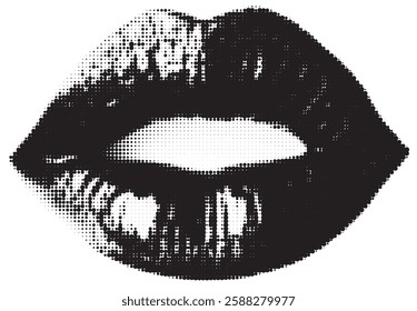 Halftone vector lips - vintage collage element, Collage design paper sticker in trendy retro 90s magazine style.