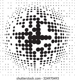 Halftone vector logo template. Isolated round icon, abstract globe symbol. Abstract black dotted sphere. Science and tourism, technology or financial background