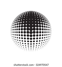 Halftone vector logo template. Isolated round icon, abstract globe symbol. Abstract black dotted sphere. Science and tourism, technology or financial background