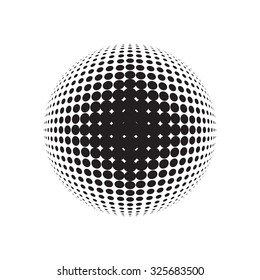 Halftone vector logo template. Isolated round icon, abstract globe symbol, business concept. Abstract black dotted sphere. Science and tourism, technology or financial background