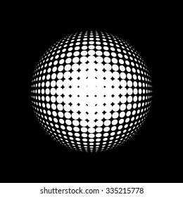 Halftone vector logo template. White round icon on black background, abstract globe symbol, business concept. Abstract white dotted sphere. Science and tourism, technology or financial background