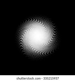 Halftone vector logo template. White round icon on black background, abstract globe symbol, business concept. Abstract white dotted sphere. Science and tourism, technology or financial background