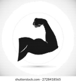 Vector de medio tono de un bíceps del brazo muscular, que simboliza la fuerza física, los objetivos de culturismo y el logro de la aptitud física.