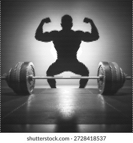 Halftone vector of a muscular figure, symbolizing physical strength, bodybuilding achievements, and high-performance athletic fitness.