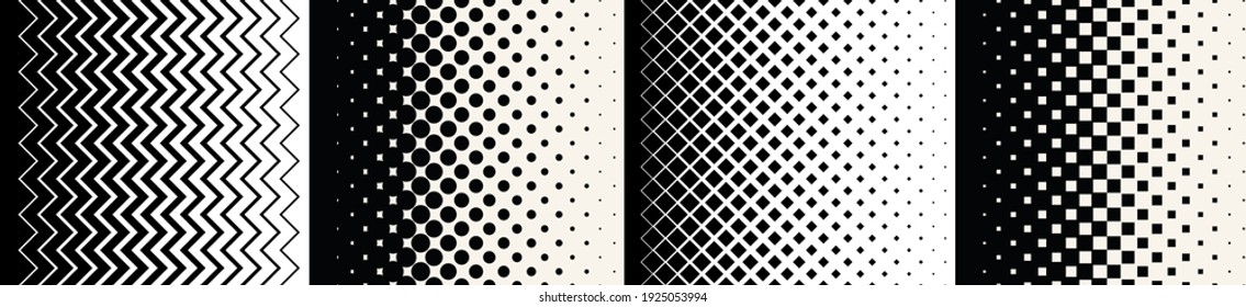 Halftone vector patterns: dots  squares  zigzags  rhombus  Gradient texture and geometric transition from black to white  Set abstract backgrounds  Decorative patterns for covers   wallpappers 