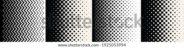 Halftone vector patterns: dots, squares,\
zigzags, rhombus. Gradient texture with geometric transition from\
black to white. Set of abstract backgrounds. Decorative patterns\
for covers and\
wallpappers.
