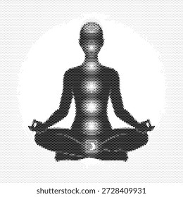 Vetor de meio-tom de uma pessoa meditando com pontos de energia chakra, simbolizando o despertar espiritual, a saúde mental e o bem-estar holístico. Ideal para estúdios de ioga, práticas de cura de energia e gráficos de aplicativo de atenção.