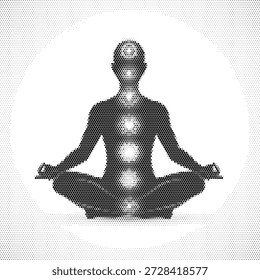 Vetor de meio-tom de uma pessoa meditando, simbolizando a paz mental, o crescimento espiritual, a atenção plena e o alívio do estresse.