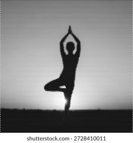 Halbtonvektor einer Person in einer Baum-Yoga-Pose, der Balance, Flexibilität, mentale Klarheit und einen gesunden Wellness-Lebensstil repräsentiert.