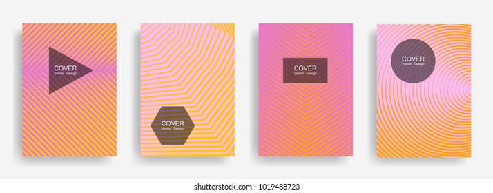Halftone vector report template with lines, triangle circle hexagon title places. Vector journal design geometric shape background set. Minimal halftone lines hipster pattern abstract collection.
