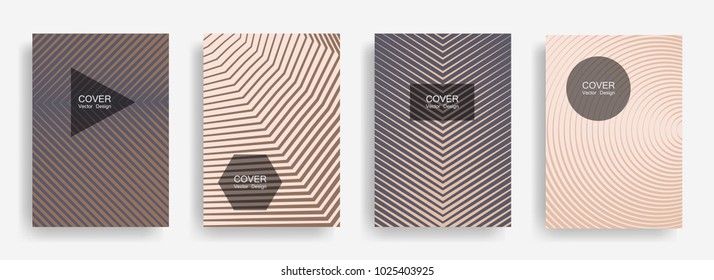 Halftone vector report template with lines, triangle circle hexagon title places. Vector journal design geometric shape background set. Minimal halftone lines hipster templates set.