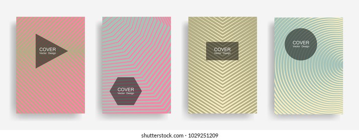 Halftone vector report template with lines, triangle circle hexagon title places. Vector journal design geometric shape background set. Gradient halftone lines hipster advertising flyers set.