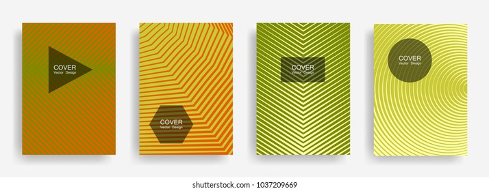 Halftone vector report template with lines, triangle circle hexagon title places. Vector journal design geometric shape background set. Unique halftone lines hipster templates set.