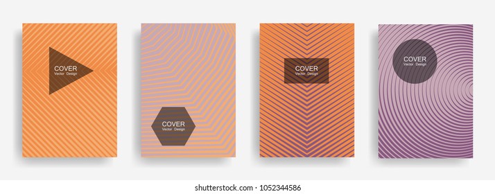 Halftone vector report template with lines, triangle circle hexagon title places. Vector journal design geometric shape background set. Tech halftone lines hipster covers abstract collection.