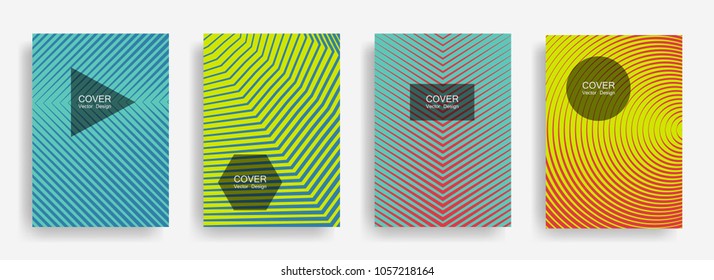 Halftone vector report template with lines, triangle circle hexagon title places. Vector journal design geometric shape background set. Gradient halftone lines hipster pattern abstract collection.