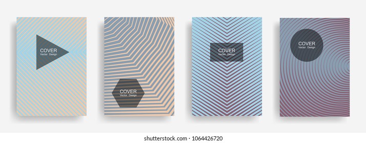 Halftone vector report template with lines, triangle circle hexagon title places. Vector journal design geometric shape background set. Graphic halftone lines hipster templates set.