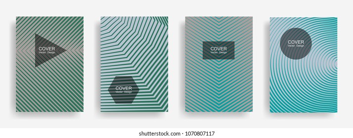 Halftone vector report template with lines, triangle circle hexagon title places. Vector journal design geometric shape background set. Gradient halftone lines hipster banners abstract collection.