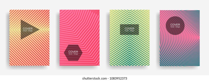 Halftone vector report template with lines, triangle circle hexagon title places. Vector journal design geometric shape background set. Gradient halftone lines hipster pattern abstract collection.
