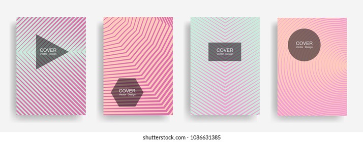 Halftone vector report template with lines, triangle circle hexagon title places. Vector journal design geometric shape background set. Corporate halftone lines hipster covers abstract collection.