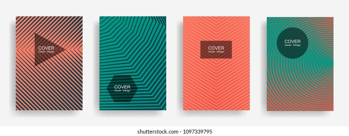Halftone vector report template with lines, triangle circle hexagon title places. Vector journal design geometric shape background set. Tech halftone lines hipster brochures abstract collection.