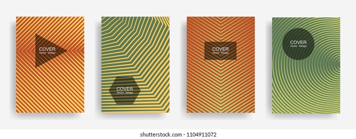 Halftone vector report template with lines, triangle circle hexagon title places. Vector journal design geometric shape background set. Dynamic halftone lines hipster annual reports collection.