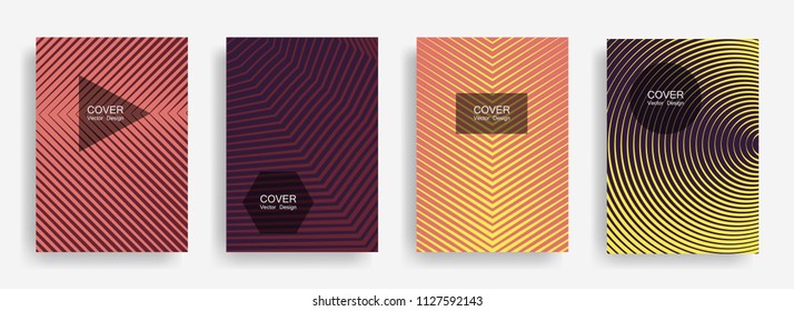 Halftone vector report template with lines, triangle circle hexagon title places. Vector journal design geometric shape background set. Graphic halftone lines hipster brochures abstract collection.