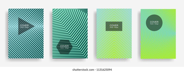 Halftone vector report template with lines, triangle circle hexagon title places. Vector journal design geometric shape background set. Retro halftone lines hipster templates set.