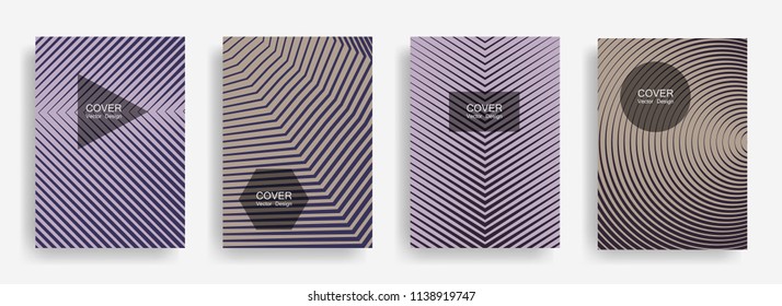 Halftone vector report template with lines, triangle circle hexagon title places. Vector journal design geometric shape background set. Creative halftone lines hipster advert flyers collection.