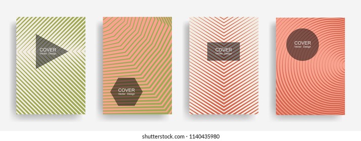Halftone vector report template with lines, triangle circle hexagon title places. Vector journal design geometric shape background set. Tech halftone lines hipster templates set.