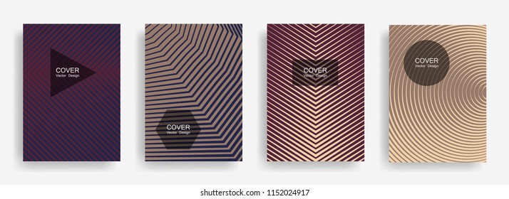 Halftone vector report template with lines, triangle circle hexagon title places. Vector journal design geometric shape background set. Retro halftone lines hipster covers abstract collection.