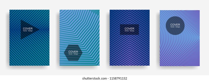 Halftone vector report template with lines, triangle circle hexagon title places. Vector journal design geometric shape background set. Trendy halftone lines hipster brochures abstract collection.