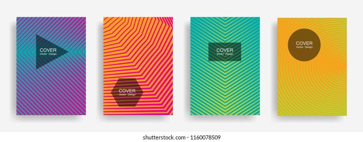 Halftone vector report template with lines, triangle circle hexagon title places. Vector journal design geometric shape background set. Gradient halftone lines hipster banners abstract collection.
